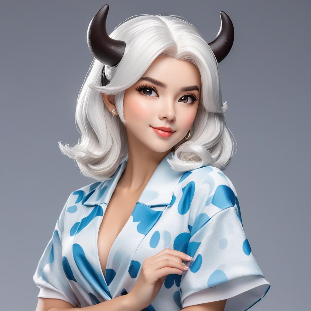   with white hair in a micro with cow print. she has cow horns and ears, and is posing in a pet like pose with an embarred look on her face and blushing, award winning, professional, highly detailed, masterpiece