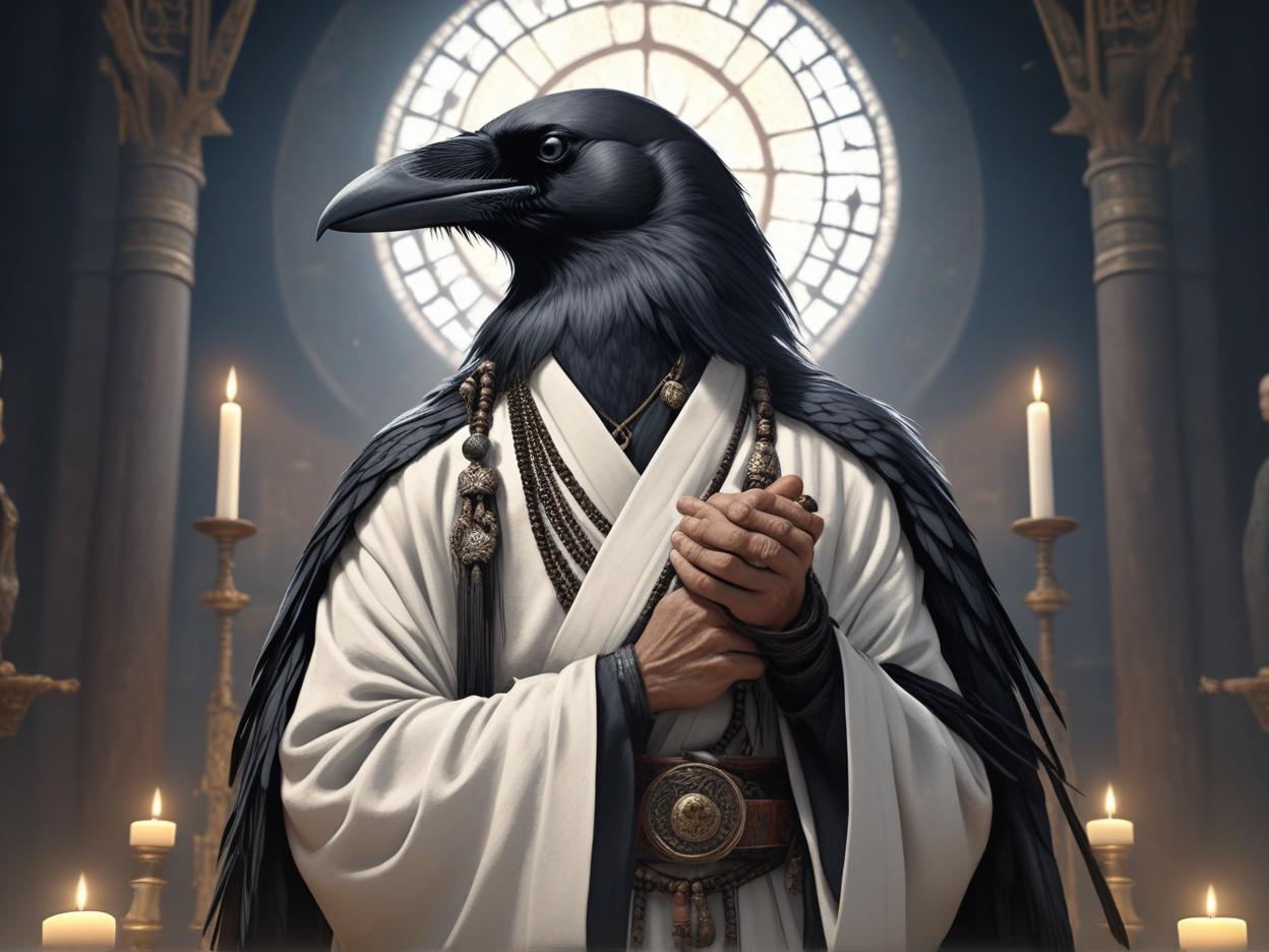  a crow man wearing a robe and a belt consisting of rat tails holding a holy libram in his black crow hands while standing at an altar, high quality, high details, hd, perfect composition, 4k epic detailed, highly detailed, sharp focus, high resolution