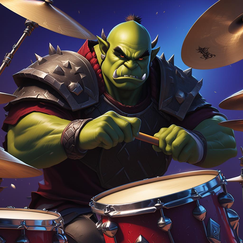  an orc from world of warcraft playing drums, anime artwork, anime style, key visual, vibrant, studio anime, highly detailed