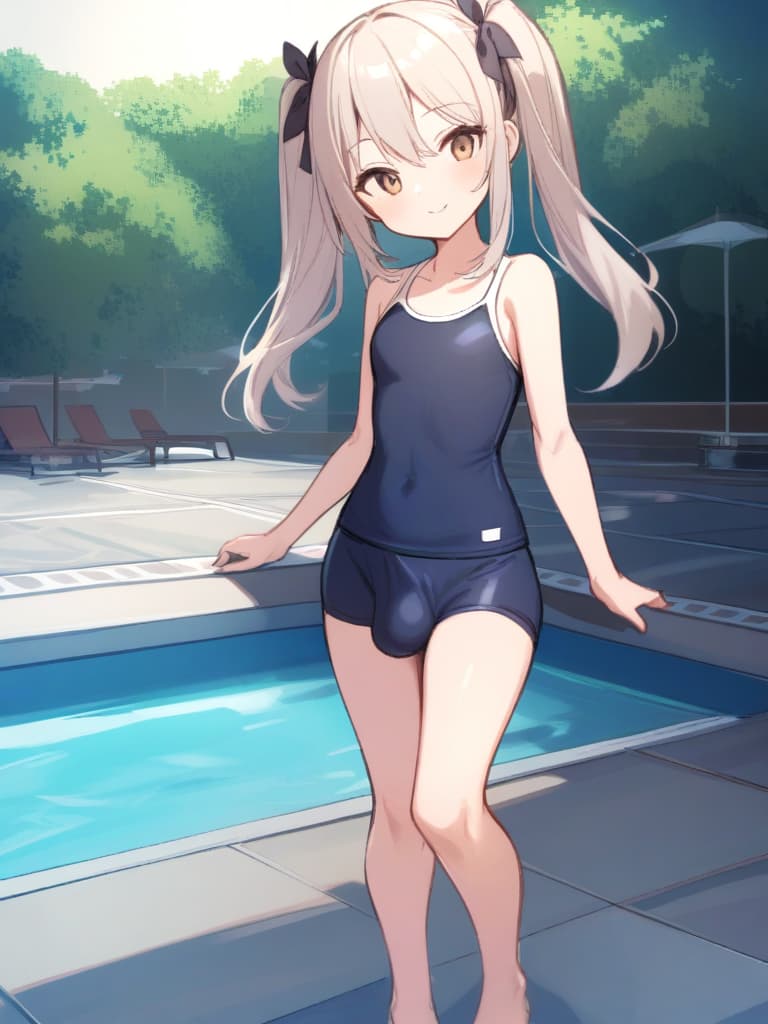  women's elementary students (male), twin tails, cute smiles, (rich s), low stature, dark blue swimwear, old swimwear, , simple (upward), male , (bulge), shaped clear , front , whole body, pool side,