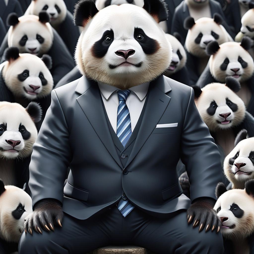  a panda in a suit. wall street broker. in the stock pit