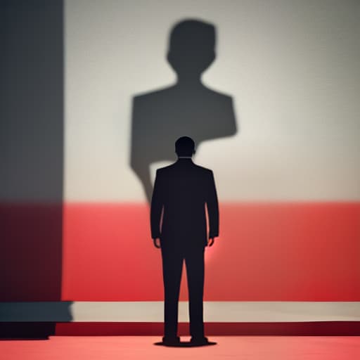  a silhouette of a man in a suit standing on a bright red wall casting a long shadow representing loneliness and contemplation