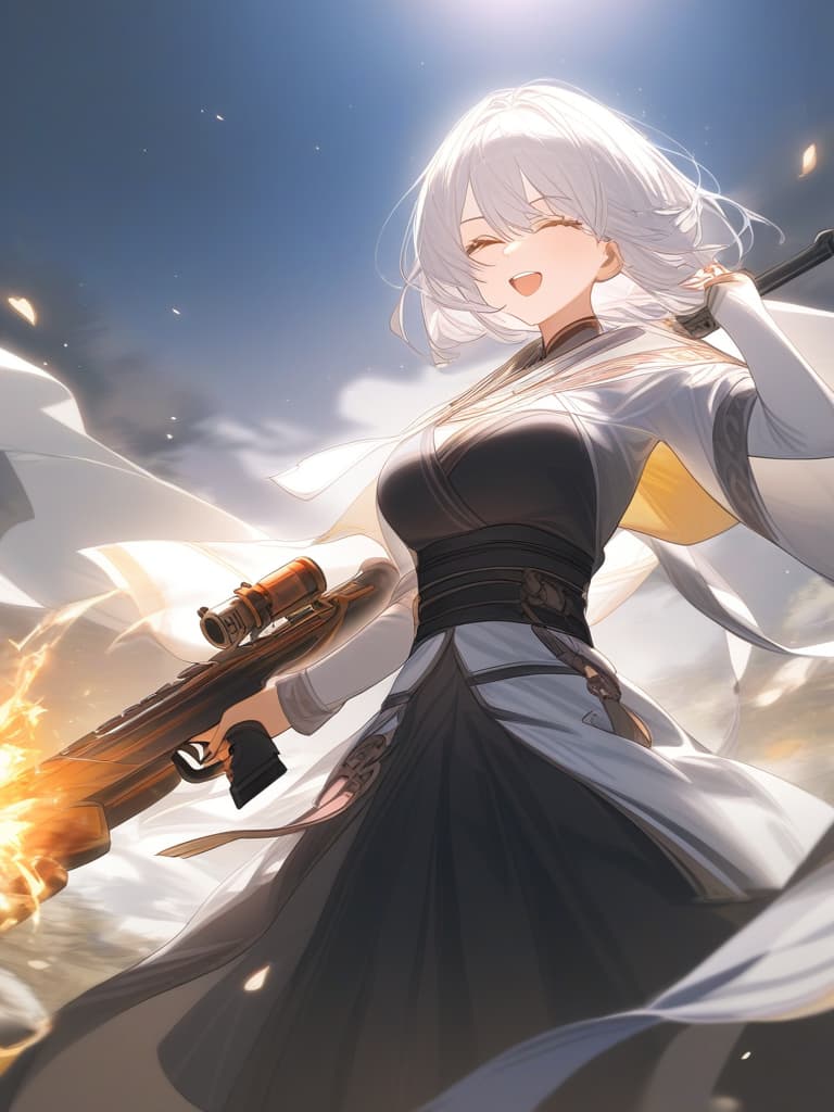  one girl, (masket (gun): 2.0), white hair, bob cut, sacred magic, clean air, light of purification