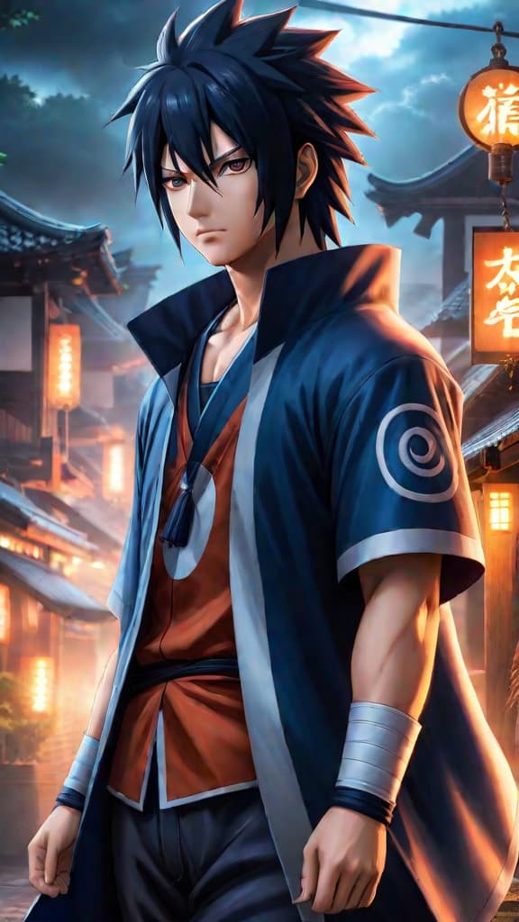  anime art: sasuke uchiha from naruto, haunted by family massacre, decides to leave konoha for vengeance. hyperrealistic, full body, detailed clothing, highly detailed, cinematic lighting, stunningly beautiful, intricate, sharp focus, f/1. 8, 85mm, (centered image composition), (professionally color graded), ((bright soft diffused light)), volumetric fog, trending on instagram, trending on tumblr, HDR 4K, 8K