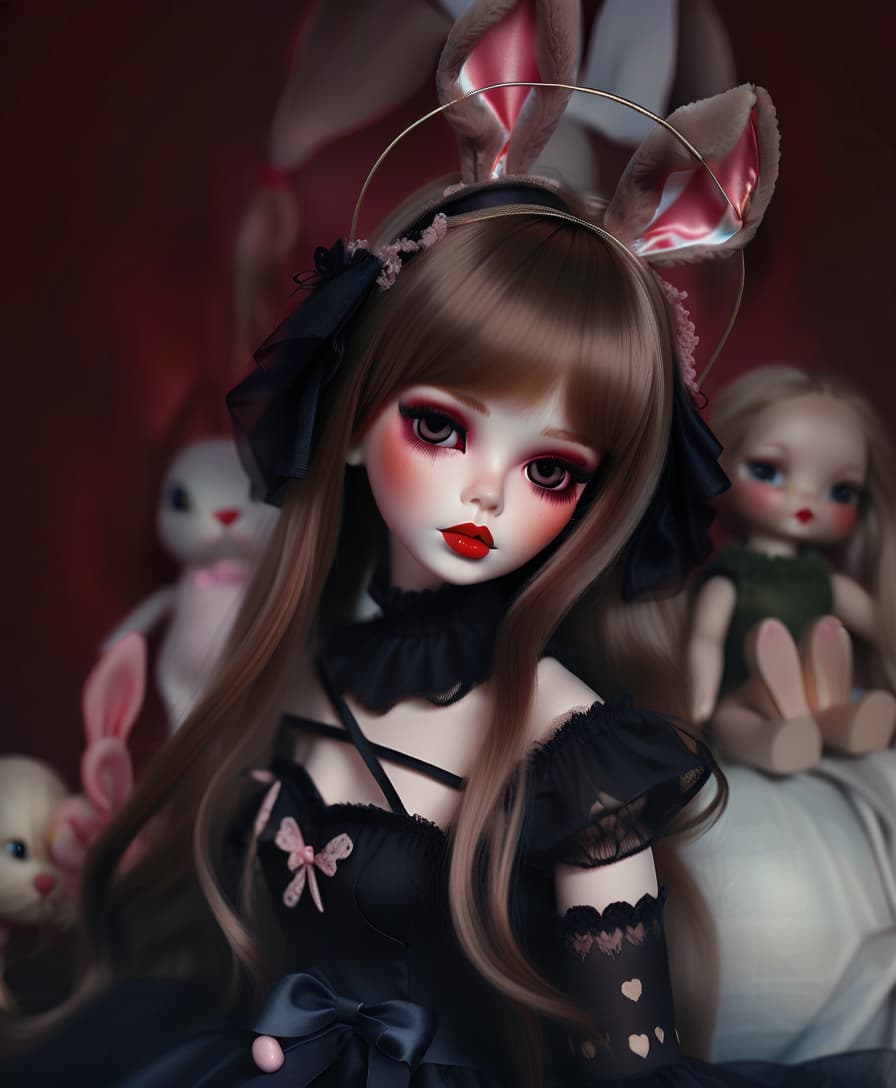  concept art a doll with long hair is posing a beautiful girl doll with bunny ears is a must. delicate colors and shades. red lips . digital artwork, illustrative, painterly, matte painting, highly detailed