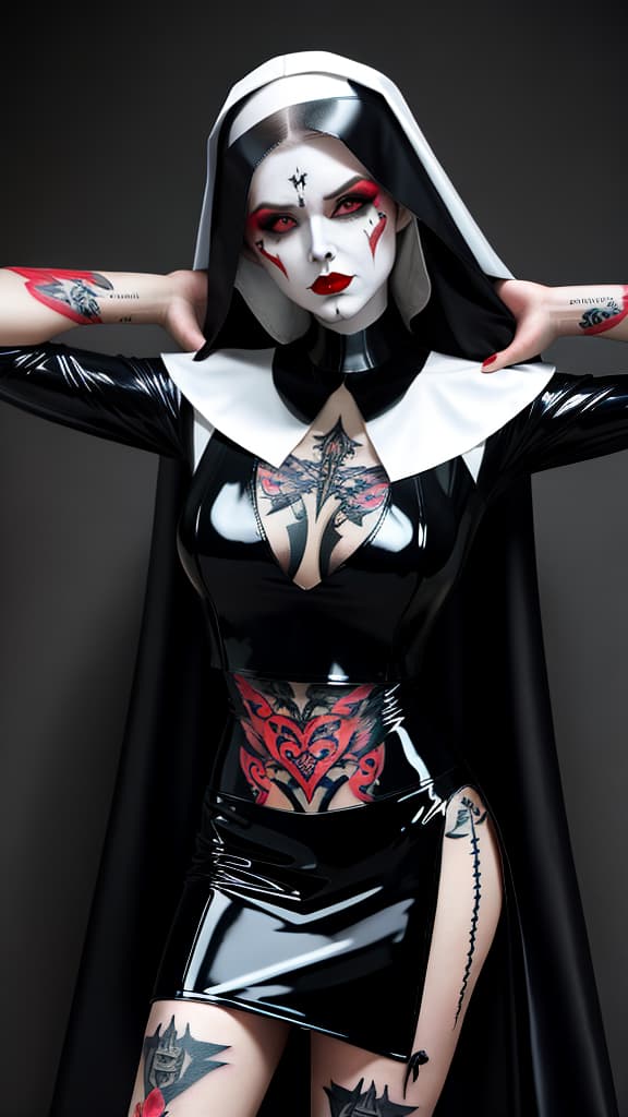  masterpiece, best quality, heavy makeup nun, evil, latex, tattoos