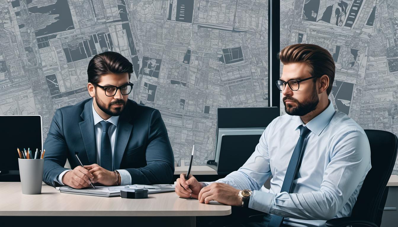  （surrealism)a pair of colleagues, a background of an office with desks and monitors, one figure subtly outshining the other, expressions of effort and realization, competitive atmosphere, underlying tension mystic, intricate details, best quality)