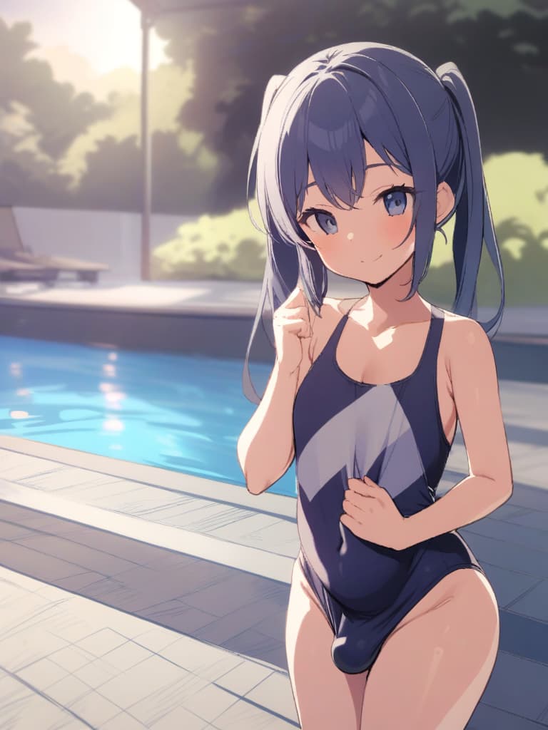  women's elementary (girls), twin tails, cute smiles, big s, low stature, dark blue swimwear, old swimwear, swimwear, simple (bulging), man (bulge), (swelling), shaped clear (clear) shape clearly (clear shape), front, whole body, pool side,