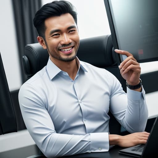  realistic photo of an Indonesian male news presenter, sitting, smiling facing the front explaining something, wearing a professional suit, behind him written “OK NEWS, in a modern concept news recording studio, perfect lighting, looks professional, close up, 4K HD hyperrealistic, full body, detailed clothing, highly detailed, cinematic lighting, stunningly beautiful, intricate, sharp focus, f/1. 8, 85mm, (centered image composition), (professionally color graded), ((bright soft diffused light)), volumetric fog, trending on instagram, trending on tumblr, HDR 4K, 8K