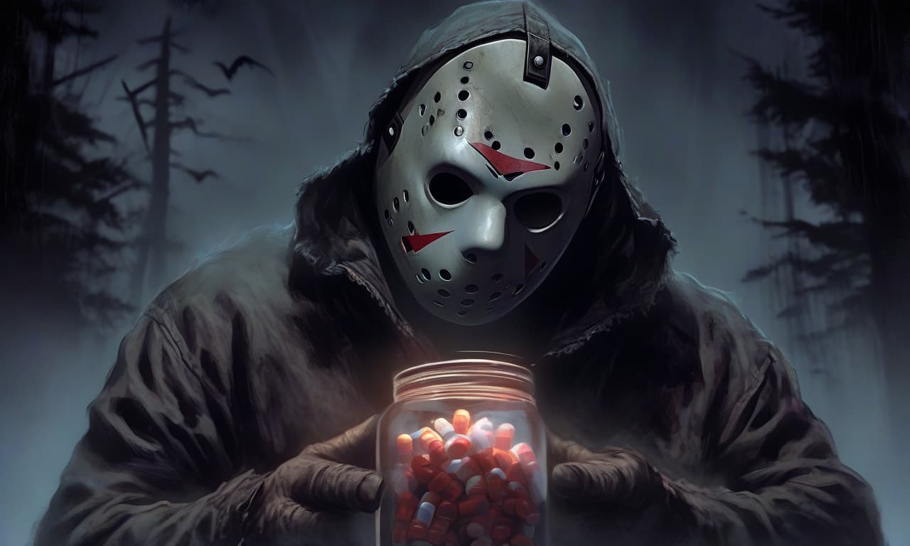  horror themed close up. jason voorhees is looking at a jar of pills. with the fog in the background. . eerie, unsettling, dark, spooky, suspenseful, grim, highly detailed