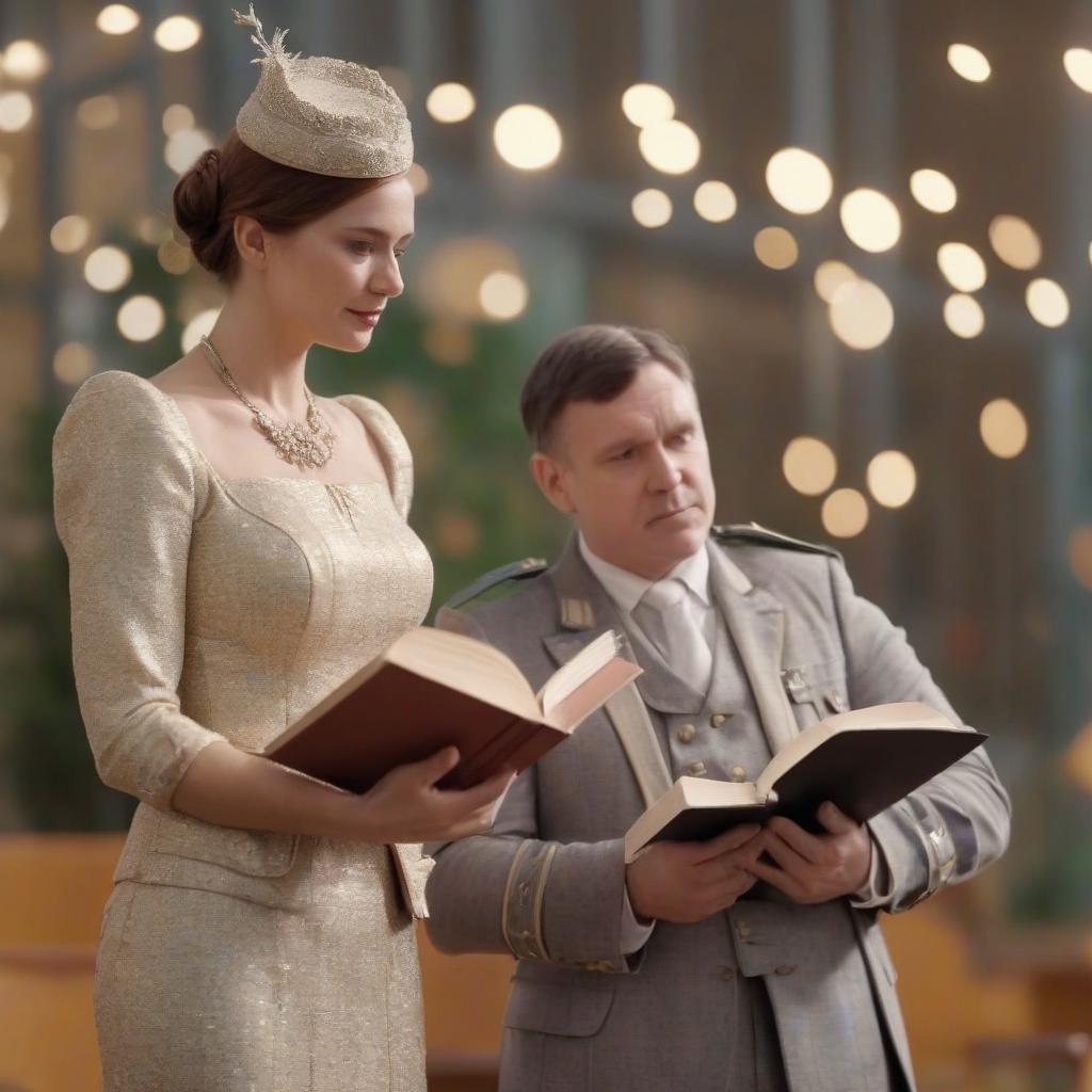  cinematic photo draw teachers a man and a woman who are in official costumes and write and a woman is standing with a book in her hand . 35mm photograph, film, bokeh, professional, 4k, highly detailed