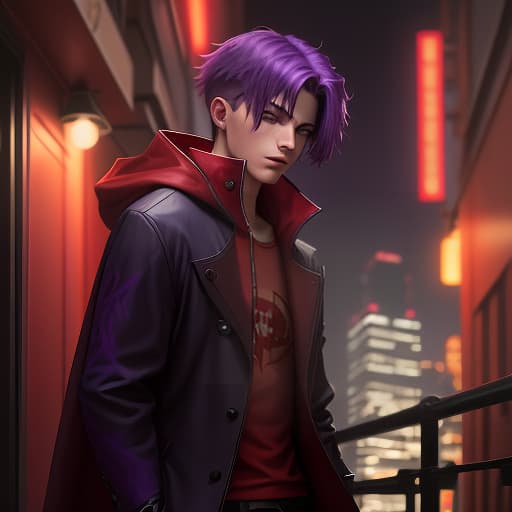  a young guy with purple hair hidden under a red hood of a red raincoat against the background of a night city