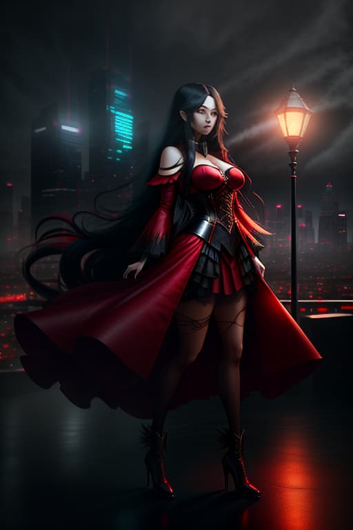  A girl with long black hair is wearing a red dress against the backdrop of a city., Character, Full body, Concept design, Sheet, Ultra wide view, Ultra detailed hyperrealistic, full body, detailed clothing, highly detailed, cinematic lighting, stunningly beautiful, intricate, sharp focus, f/1. 8, 85mm, (centered image composition), (professionally color graded), ((bright soft diffused light)), volumetric fog, trending on instagram, trending on tumblr, HDR 4K, 8K