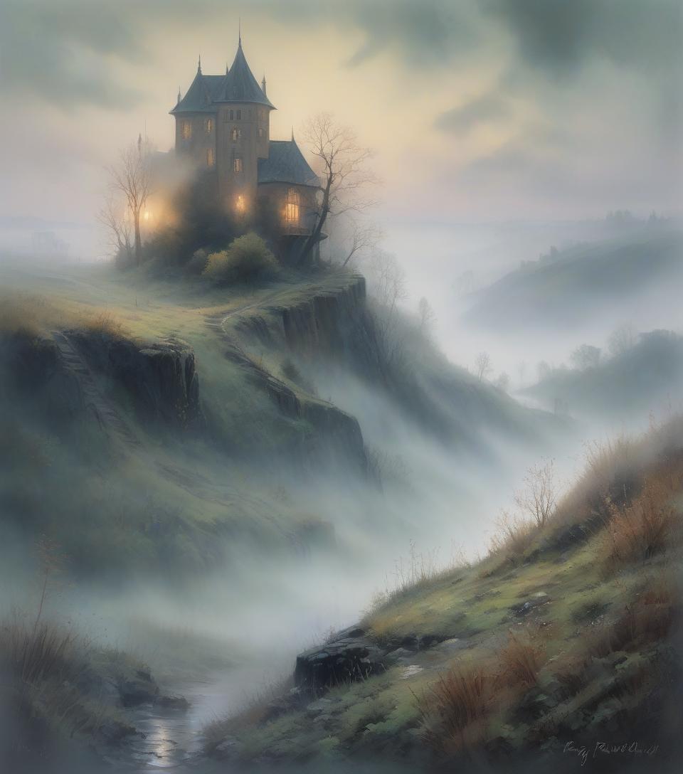  mystical landscape covered in morning mist, foggy dew, by c f. oil on canvas, visible brushstrokes, atmospheric., watercolor, trending on artstation, sharp focus, studio photo, intricate details, highly detailed, by greg rutkowski