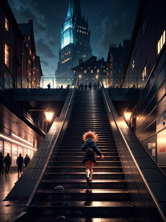  master piece, best quality, ultra detailed, highres, 4k.8k, Young , Running up the stairs, lifting her , Joyful, BREAK Innocence and ness, Train station staircase, Railings, signage, train platform, vending machines, BREAK Busy and bustling atmosphere, and glistening surfaces, reflections of lights, starry,strry light,night,colorful,cloud