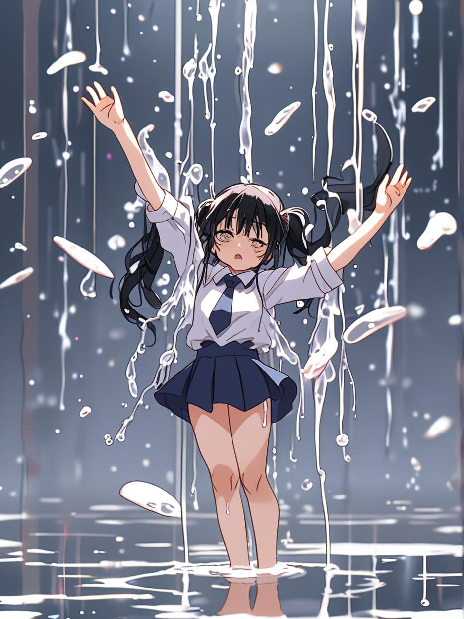  best quality, hd, with black hair in twintails wearing an elementary uniform floating in a void, she has a hand sticking out of her head, and two extra arms sticking out of her two regular arms. she is barefoot. there's white liquid oozing from her left eye and mouth