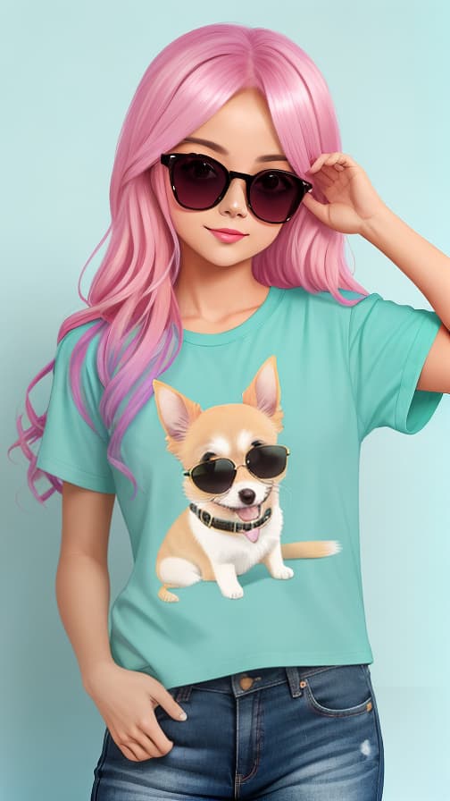  "A pastel colored t-shirt design featuring a long-haired Chihuahua in shades that match its fur color, with a soft, dreamy, and adorable look."