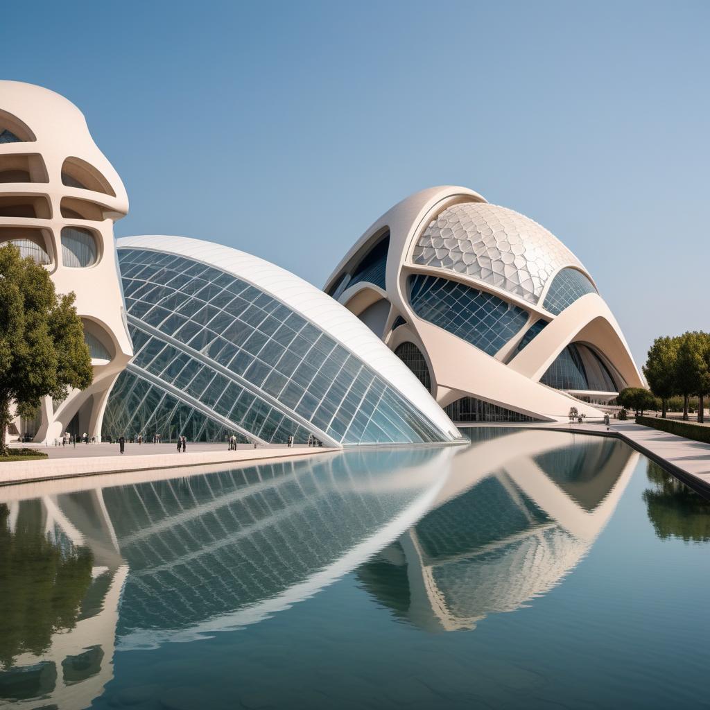  A photo of the City of Arts and Sciences in Valencia, Spain. The image should show the Museu de les Ciències Príncipe Felipe building on the left with its distinctive skeletal structure and the dome-shaped L'Hemisfèric on the right. The setting should be in the daytime with a clear sky, and the buildings should be reflected in the surrounding water. hyperrealistic, full body, detailed clothing, highly detailed, cinematic lighting, stunningly beautiful, intricate, sharp focus, f/1. 8, 85mm, (centered image composition), (professionally color graded), ((bright soft diffused light)), volumetric fog, trending on instagram, trending on tumblr, HDR 4K, 8K