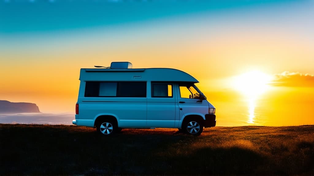  advertising style, stock photo, corporate branding style a white camper van parked in a scenic landscape during sunset. this image represents travel, freedom, and the beauty of nature ar 16:9 . professional, clean, modern, product focused, commercial, eye catching, minimalist, business oriented, highly detailed