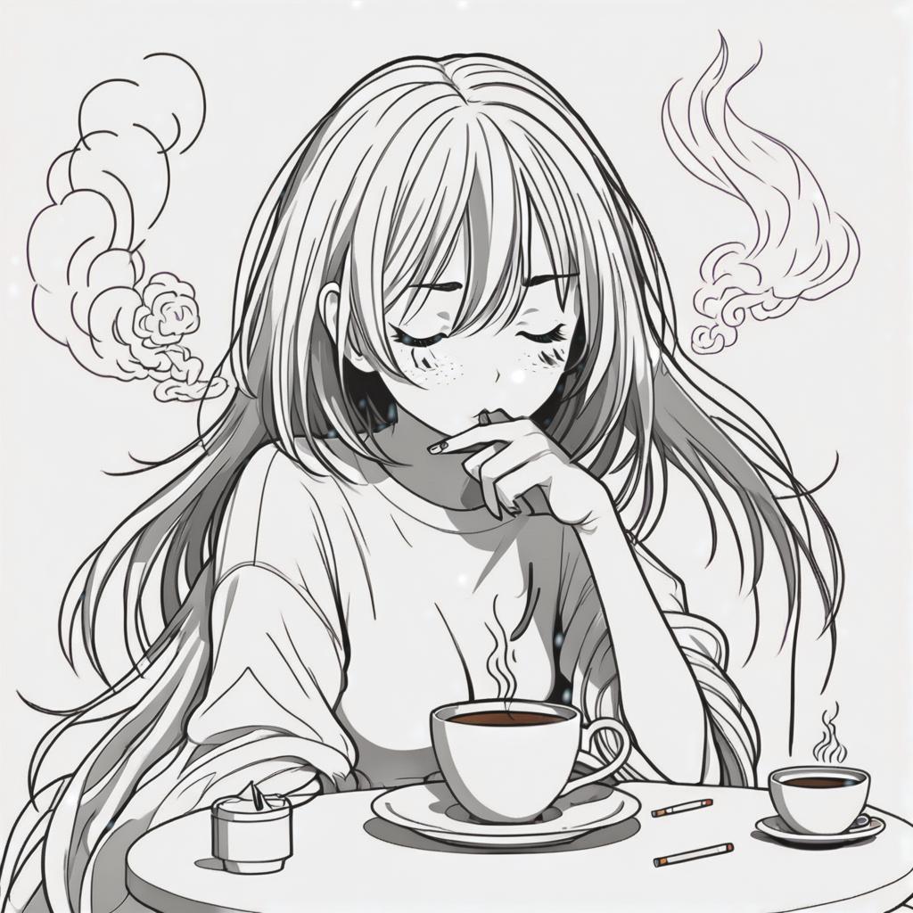  line art drawing sleepy girl, cup of coffee and cigarettes, same nightmare. anime style . professional, sleek, modern, minimalist, graphic, line art, vector graphics