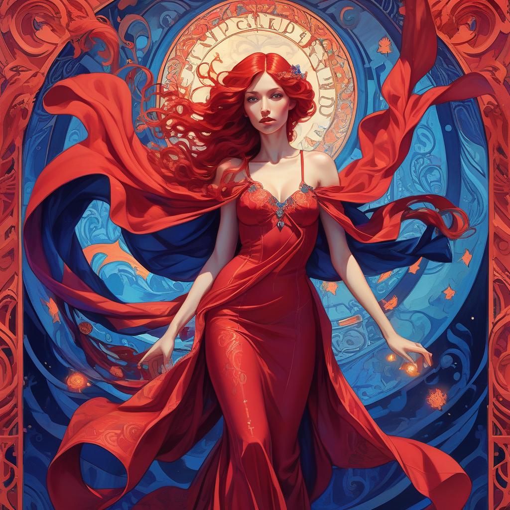  mage crimson (painting of a well endowed woman in a striking red dress), vibrant, flowing red hair, red cape draping elegantly, (deep blue psychedelic background), surreal forms and patterns intertwining, created in the style of alphonse mucha, rich color saturation, ethereal and dreamlike atmosphere, (intricate textures), visually captivating, 4k quality, poster art aesthetic.