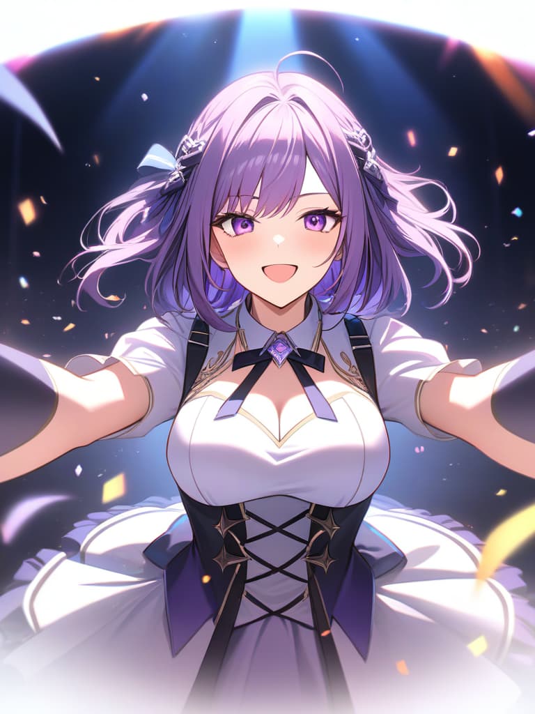  (piece flies), (maximum quality), very detail, fine, fine, vivid, (shining skin), (shining skin), ((one girl)), focus only, [diagonally downward, dynamic, dynamic jump, ((big smile)), wink, perfect face, beautiful face, very detailed face (long purple hair purple eyes: 1.3), idol costumes, idols only, ribbon hair ornaments, concert dome, live, microphone, sing, open and laugh, laser light, spotlight, confetti hyperrealistic, full body, detailed clothing, highly detailed, cinematic lighting, stunningly beautiful, intricate, sharp focus, f/1. 8, 85mm, (centered image composition), (professionally color graded), ((bright soft diffused light)), volumetric fog, trending on instagram, trending on tumblr, HDR 4K, 8K