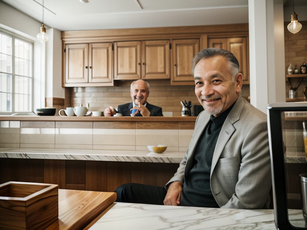  uncle in his 50s, suit, cafe, counter, sitting, elbow, smiling, facing in front, masterpiece, best quality,8k,ultra detailed,high resolution,an extremely delicate and beautiful,hyper detail