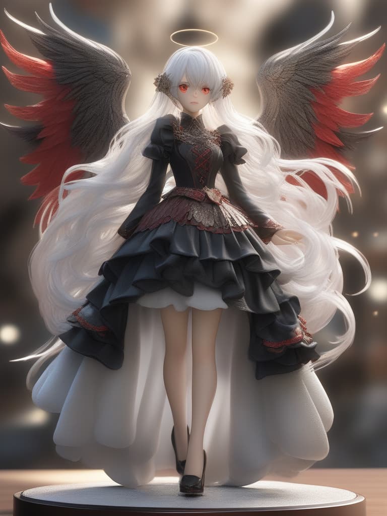  big s, whole body, white hair, super long long hair, smiling, beautiful , red eyes, black wings, pin heels, back round spells, masterpiece, best quality,8k,ultra detailed,high resolution,an extremely delicate and beautiful,hyper detail