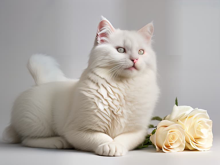  beautiful fluffy white cat smiles and holds roses in his paws on a white background, wildlife photography, photograph, high quality, wildlife, f 1.8, soft focus, 8k, national geographic, award winning photograph by nick nichols