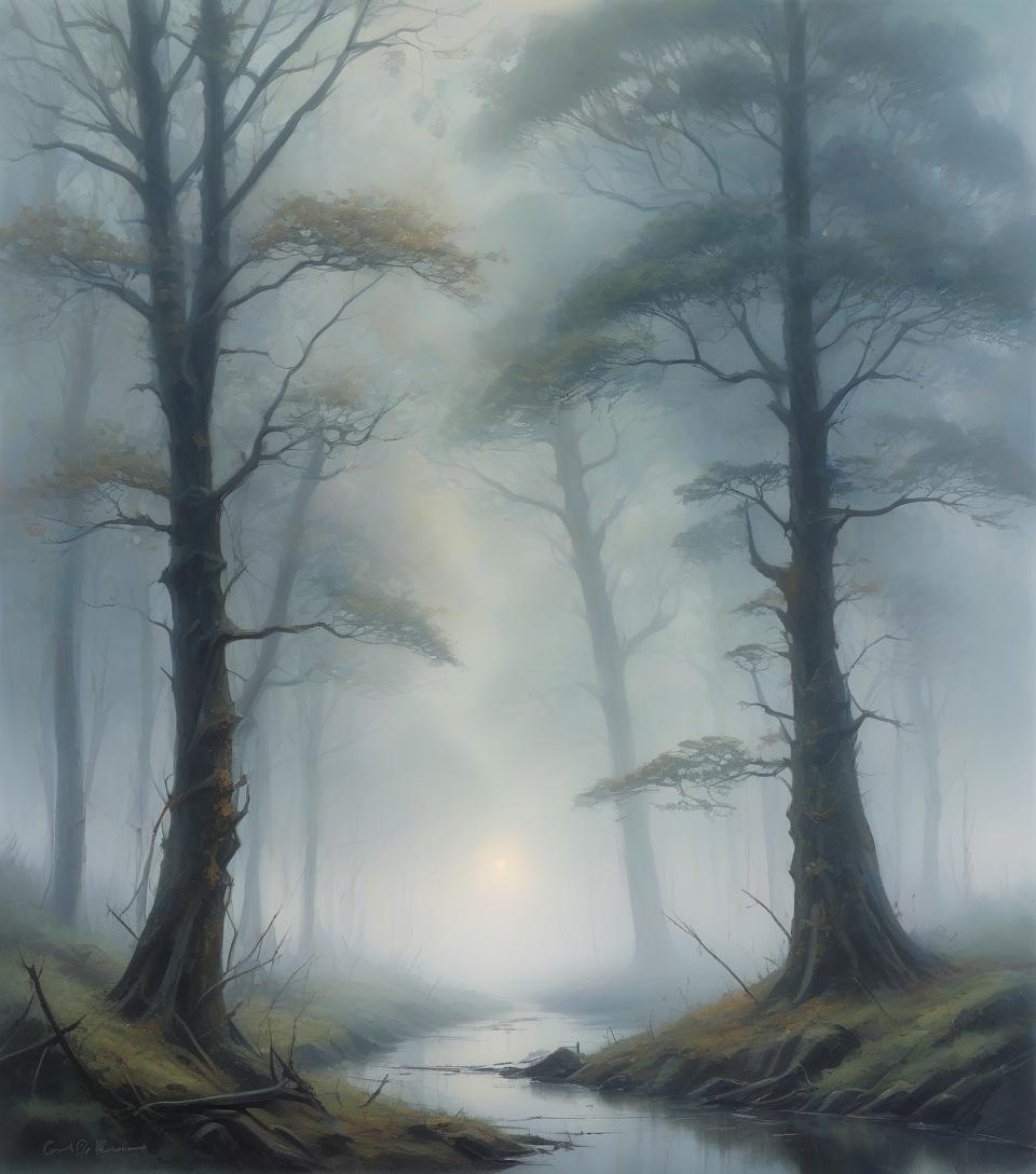  mystical landscape covered in morning mist, foggy dew, by c f. oil on canvas, visible brushstrokes, atmospheric., watercolor, trending on artstation, sharp focus, studio photo, intricate details, highly detailed, by greg rutkowski