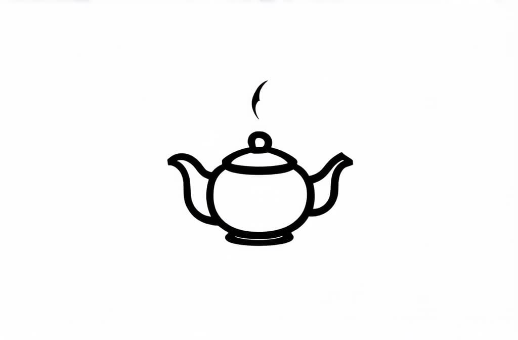  contour, very simple image in one unbroken black ink line, single line of steaming warm boiling tea pot, engraving illustration, icon isolated on white background ar 3:2 using a single continuous black line ink brushon white background, drawing should be created without lifting the pen, recognizable features of steaming warm boiling tea pot, engraving illustration, icon isolated on white background ar 3:2 in one unbroken line