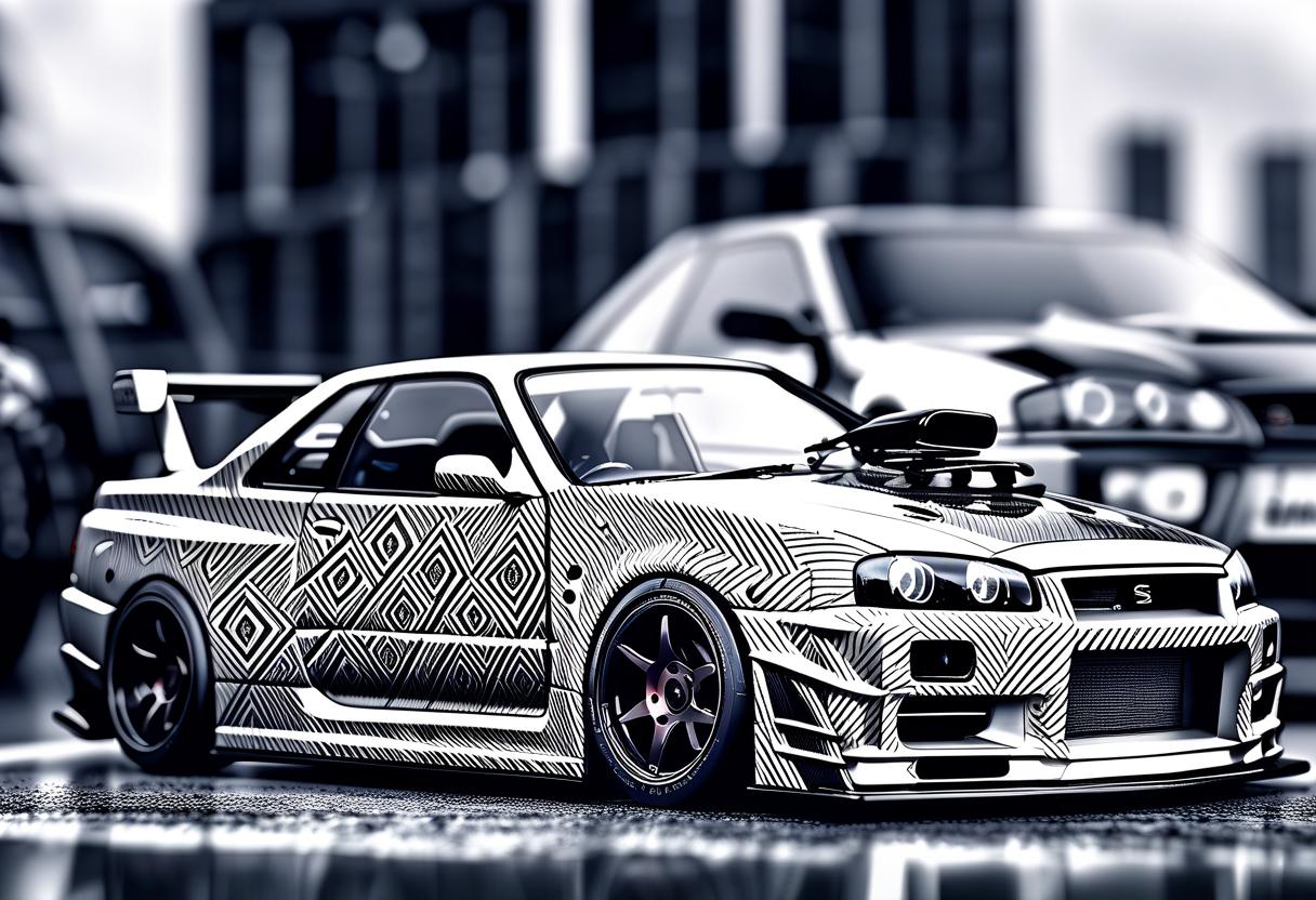  breathtaking thin lines, car, nissan skyline r34, black and white pattern, terrible tuning. . award winning, professional, highly detailed, hkmagic