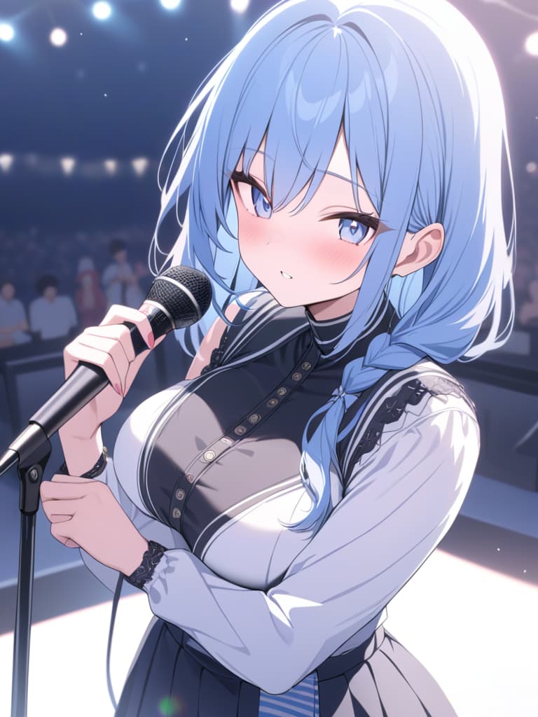  light blue hair, light blue, bob hair, singer, very popular, outdoor live, i have a microphone, masterpiece, best quality,8k,ultra detailed,high resolution,an extremely delicate and beautiful,hyper detail