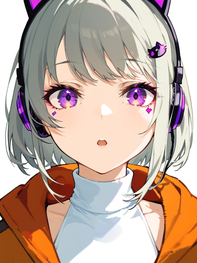  (cat ear headphones: 1.2), masterpiece, open mouth, best quality, close up, (from front: 1.2), (silverbeige hair: 1.4), (purple eyes: 1.2) arring, orange overside jacket , (shoulder gap: 1.2), (white turtleneck: 1.1), (hair pin: 1.3)