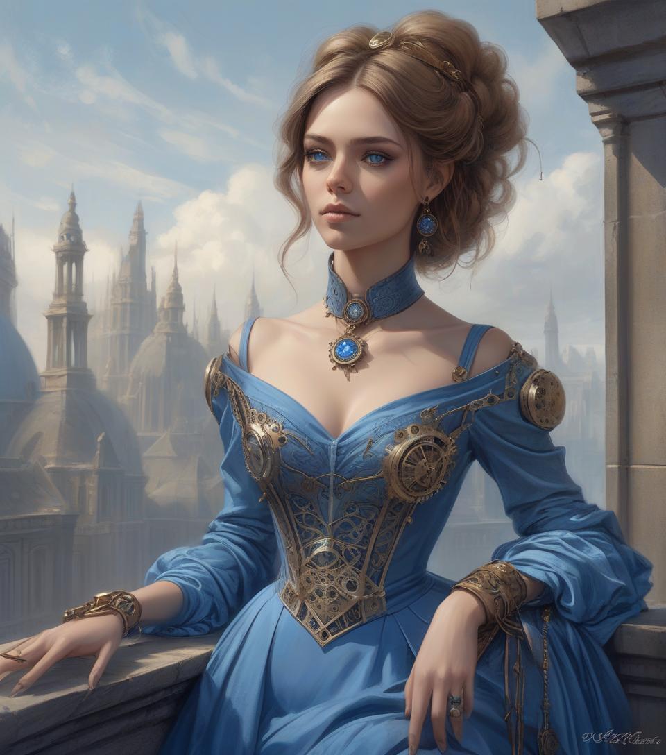  close up, woman, blue dress, perched on ledge, digital painting by david roberts, fantasy art, portrait, steampunk influence, intricate details, high quality digital render.