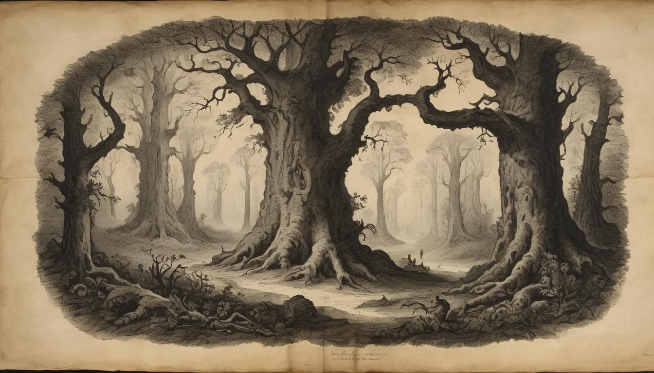  on parchment, surrealism++, a deep, ancient forest, towering trees, dense foliage, shadows and light interplay, sense of depth, timeless, profound(mysterious, provocative, symbolic)++