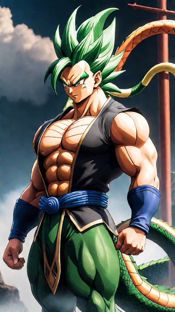  create an anime art of shenron as serpentine and majestic, and porunga as muscular and humanoid from dragon ball z. hyperrealistic, full body, detailed clothing, highly detailed, cinematic lighting, stunningly beautiful, intricate, sharp focus, f/1. 8, 85mm, (centered image composition), (professionally color graded), ((bright soft diffused light)), volumetric fog, trending on instagram, trending on tumblr, HDR 4K, 8K