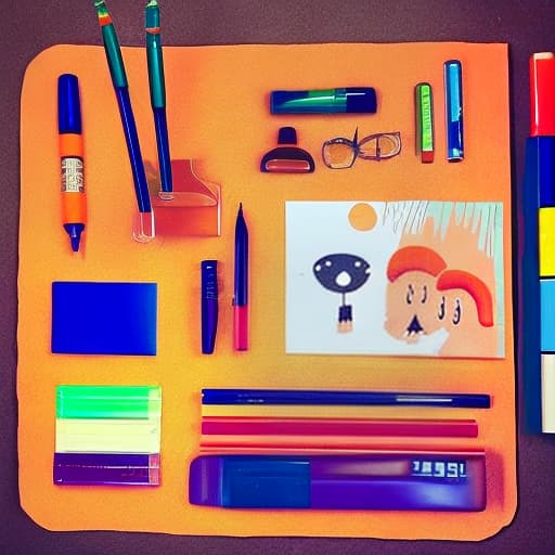  Create a cartoon-style sticker featuring supplies on an orange background. Include a colorful, smiling pencil with big eyes, a cute notebook with a happy face, and a cheerful pen with a fun pattern. Add a quirky, animal-shaped eraser and a small sharpener with a friendly expression. The supplies should be designed in a , exaggerated style with bold, vint colors. Arrange them in a compact, slightly overping layout, blending seamlessly with the orange background. Ensure that there is no outline around any of the elements, for a smooth, integrated appearance.