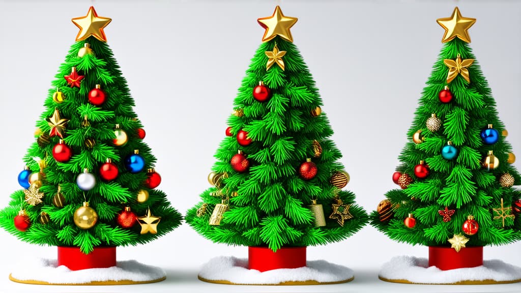  set of three adorable 3d vector christmas trees with festive decorations, perfect for holiday themed projects and winter celebrations. each tree features unique ornaments and snow covered bases ar 16:9 {prompt}, maximum details