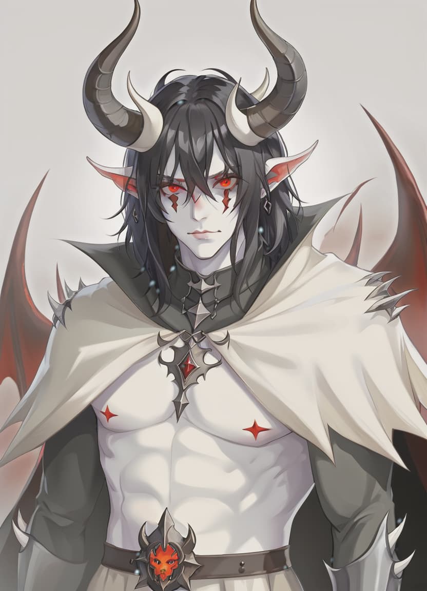  man demon, white skin, red eyes, black hair, white horns, medieval warm black clothing