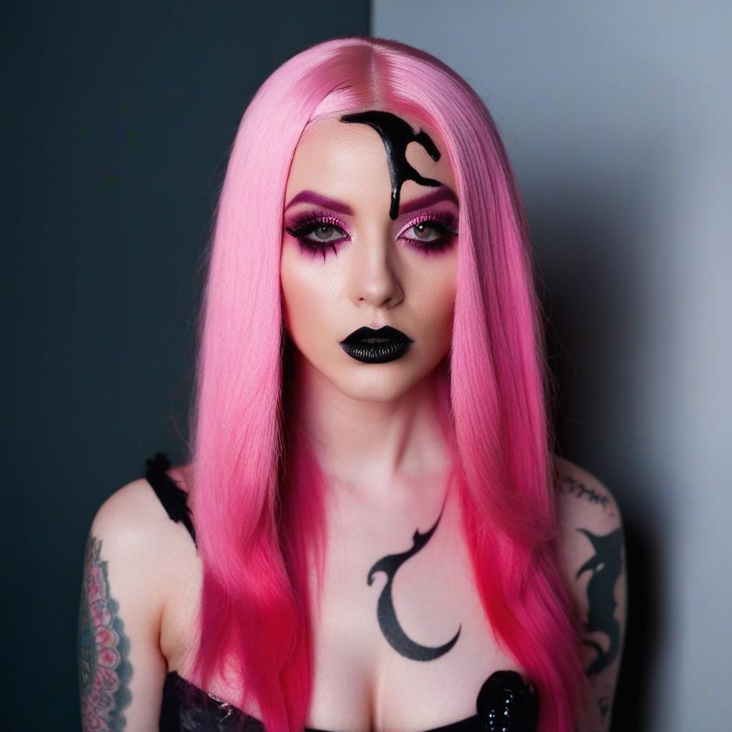  4 age women,full body shot ,full body portrait horrifying scary pale long pink hair ,full white eyes, black lips, black dripping eyeshadow tattoos,in pink cotton with pink trim