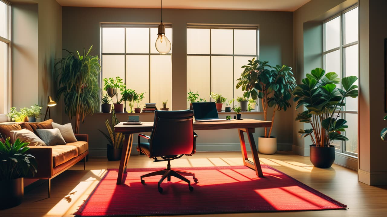  a cozy home office illuminated by soft, adjustable led desk lamps, with natural light streaming through large windows, ergonomic furniture arranged thoughtfully, and plants adding a touch of greenery to the serene atmosphere. hyperrealistic, full body, detailed clothing, highly detailed, cinematic lighting, stunningly beautiful, intricate, sharp focus, f/1. 8, 85mm, (centered image composition), (professionally color graded), ((bright soft diffused light)), volumetric fog, trending on instagram, trending on tumblr, HDR 4K, 8K