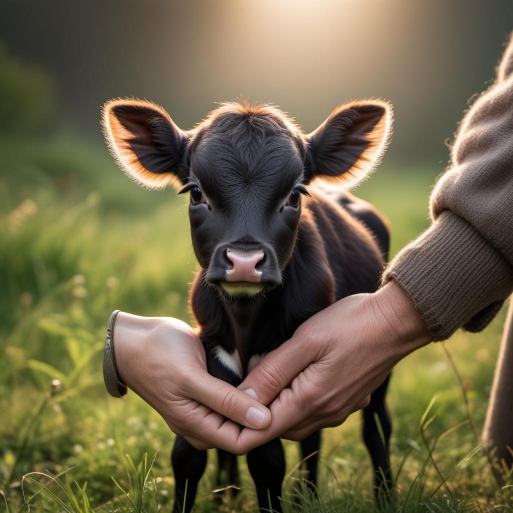  a tiny baby calf being gently held in a human's hand. The focus should be on the small size of the calf in comparison to the hand, highlighting the calf's delicate features and the care given by the person holding it. Use a soft, blurred background to make the main subject stand out. hyperrealistic, full body, detailed clothing, highly detailed, cinematic lighting, stunningly beautiful, intricate, sharp focus, f/1. 8, 85mm, (centered image composition), (professionally color graded), ((bright soft diffused light)), volumetric fog, trending on instagram, trending on tumblr, HDR 4K, 8K