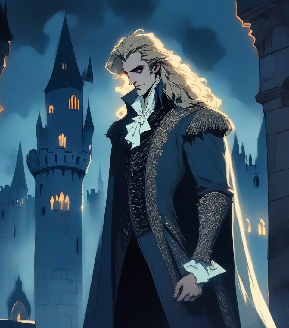  concept art young vampire aristocrat in rich clothes with long blonde hair, at night in a huge castle with a small crown on his head, aesthetics of beauty, grace . digital artwork, illustrative, painterly, matte painting, highly detailed