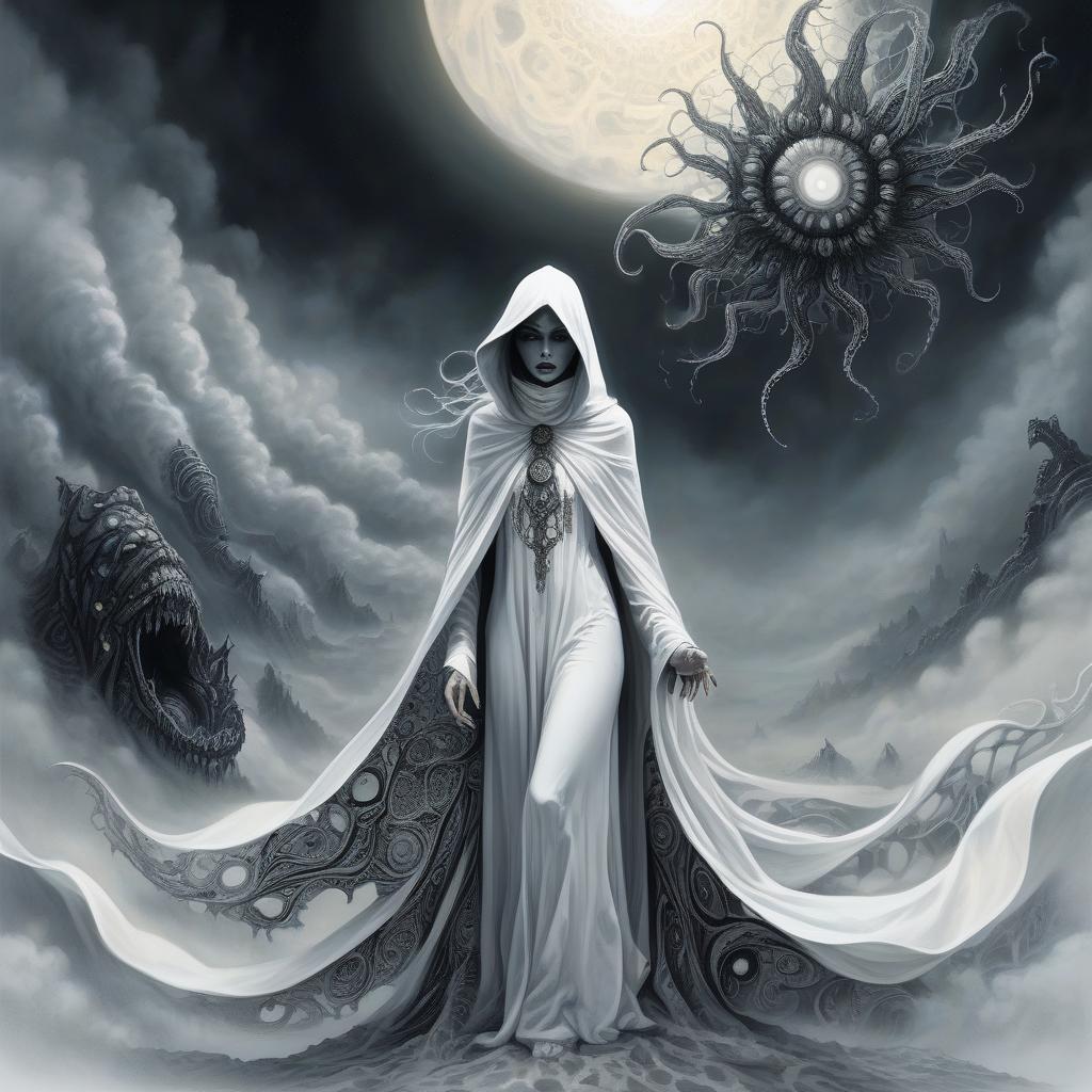  lovecraftian horror skinny figure in white cloak. white foggy sky, black sun. black rock in background. stylistics: intricate zentangle patterns in the manner of karol bak, rahaf dk albab, andrew jones. bright colors. high quality and detail. hdr. masterpiece. double exposure. . eldritch, cosmic horror, unknown, mysterious, surreal, highly detailed, hkmagic