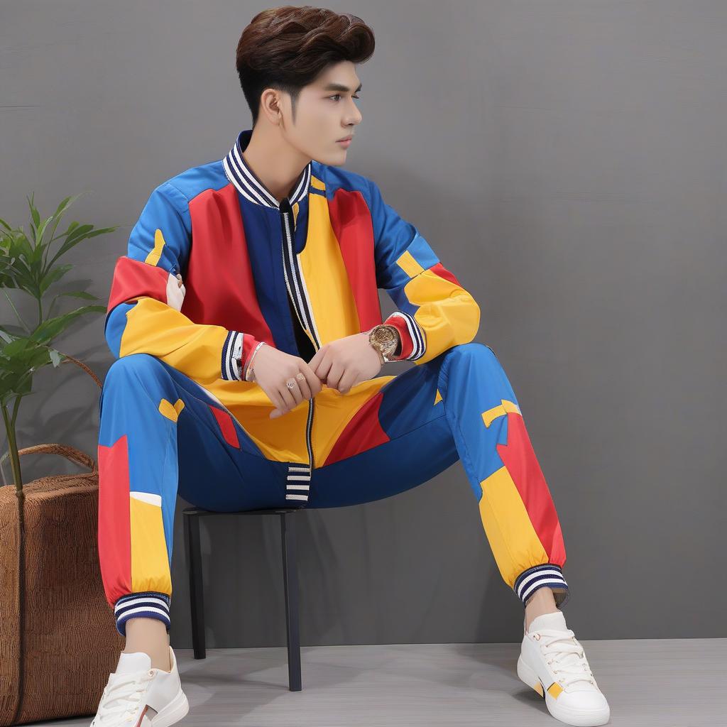  masterpiece, best quality,A colorful jacket with plain pants,