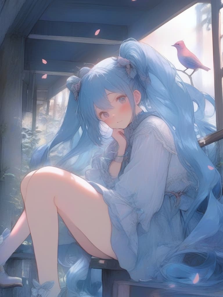  (pastel colored painting),blue theme,((pink theme)),no lineart,full body,cinematic angle,solo,,((asymmetrical bangs,long hair,split hair,two tone hair,pastel blue hair,pastel pink hair,twintails)),frilled dress,(tights,under shorts),siting,knee up, together foots apart,platform boots,((ennui,shy,blush)),looking at side,looking away