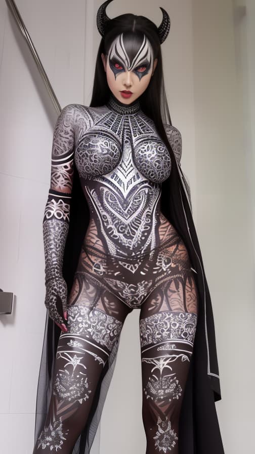  Black Spider-patterned body paint in every corner of the whole body, full-body, silver body paint, Silver face paint on the face,Dark elf 女性