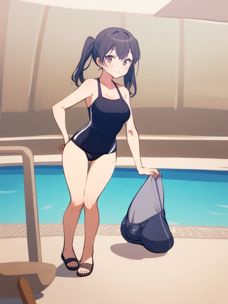  women's elementary students (male), twin tails, cute smiles, rich s, low stature, dark blue swimwear, old swimwear, , simple, , (bulge), male (bulging), front, whole body, pool side,