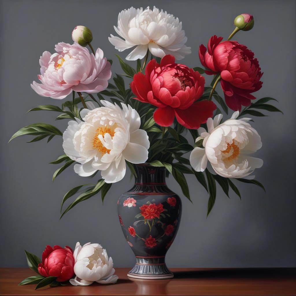  hyperrealistic art red and white, by c f. white peonies and red peonies in a vase on the table, dark grey wall. still life, oil on canvas. . extremely high resolution details, photographic, realism pushed to extreme, fine texture, incredibly lifelike